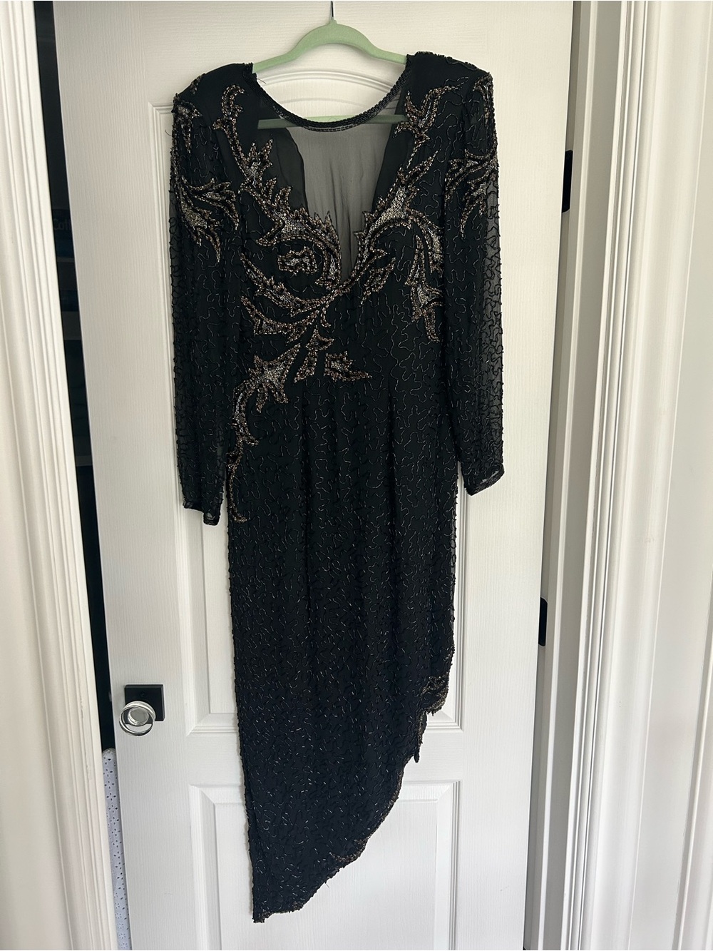 Vintage deco Black Beaded Long Sleeve Evening Dress